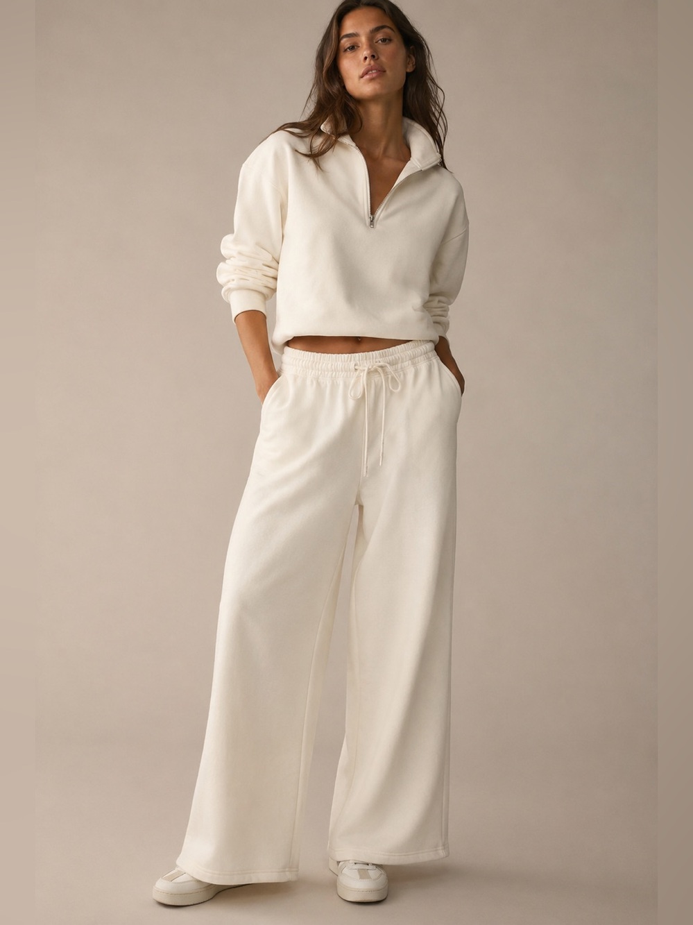 Anthropologie Wide-Leg Drawstring Sweatpants in Cream